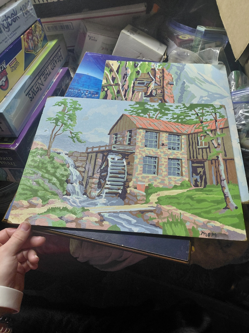 vintage 1960s paint by numbers kit depicting a New England grist mill with a wat